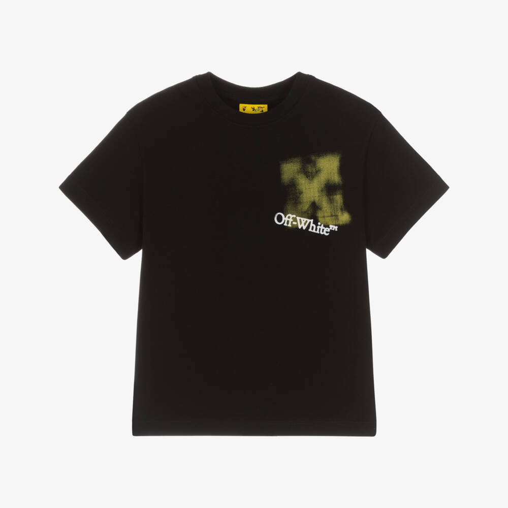 Off-White-Boys Black Cotton T-Shirt with Yellow Spray Arrows Logo | Childrensalon Outlet