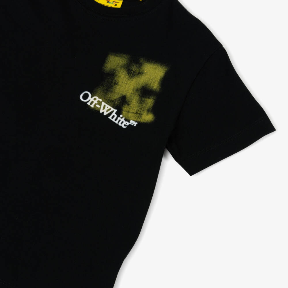 Off-White-Boys Black Cotton T-Shirt with Yellow Spray Arrows Logo | Childrensalon Outlet