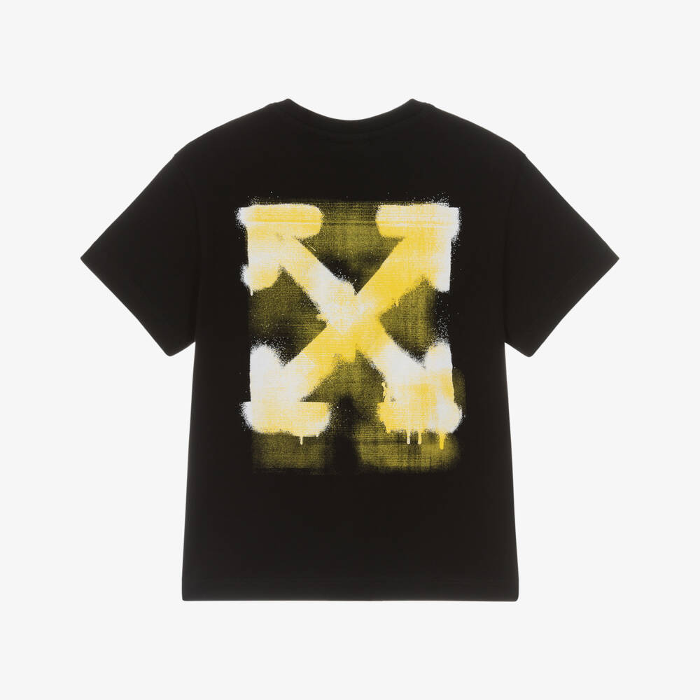 Off-White-Boys Black Cotton T-Shirt with Yellow Spray Arrows Logo | Childrensalon Outlet