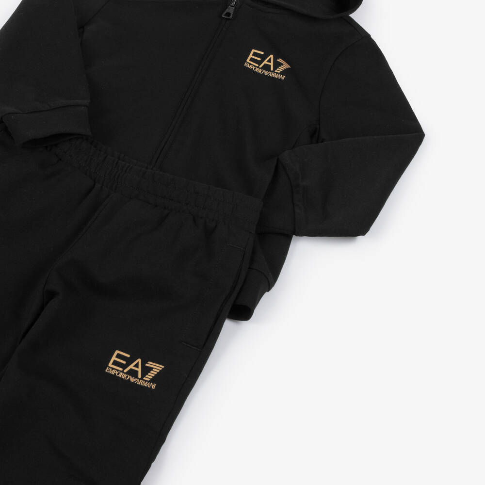 EA7 Emporio Armani-Boys Black Cotton Tracksuit with Hood & Gold Logos | Childrensalon Outlet