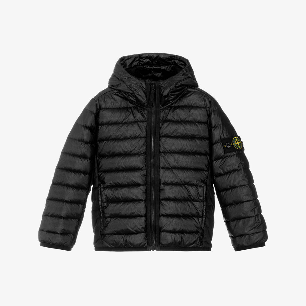 Stone Island Junior-Boys Black Down Padded Hooded Jacket with Logo Badge | Childrensalon Outlet