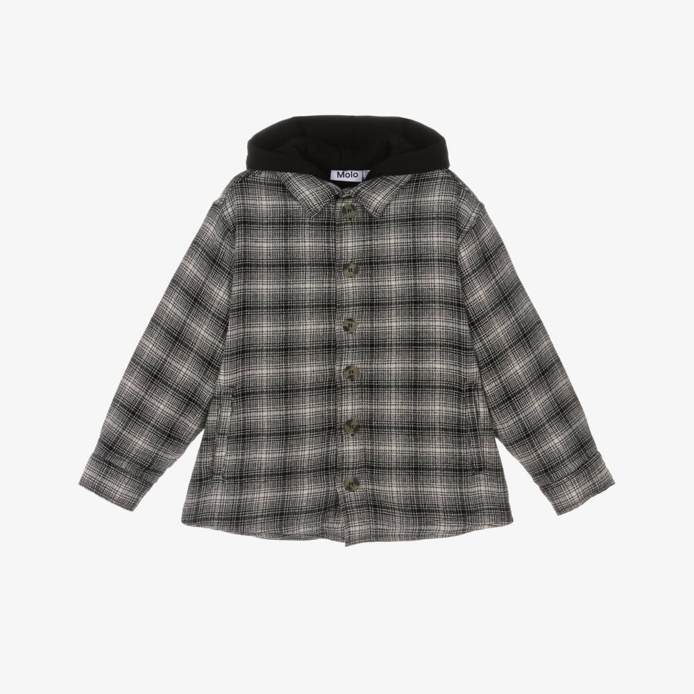 Molo-Boys Black & Grey Checked Cotton Shacket with Hood | Childrensalon Outlet