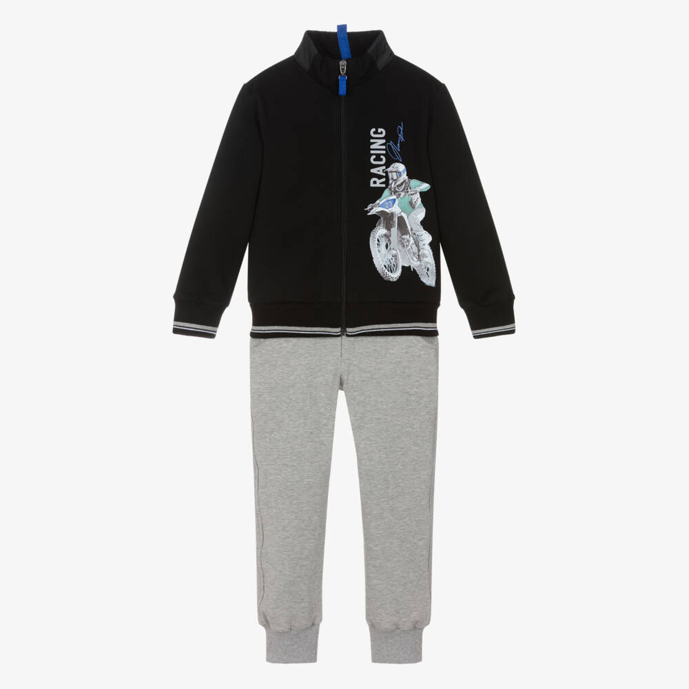 Lapin House-Boys Black & Grey Cotton Tracksuit with Reflective Print | Childrensalon Outlet