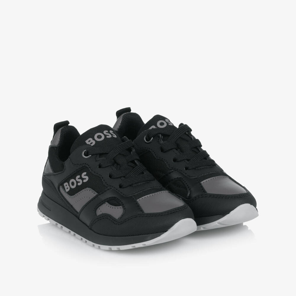 BOSS-Boys Black & Grey Lace-Up Trainers with Logo | Childrensalon Outlet