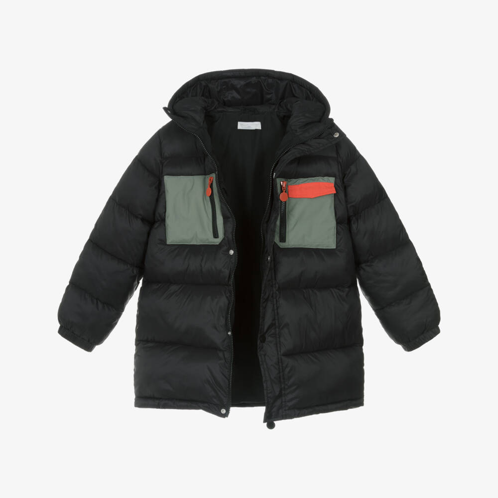 Stella McCartney Kids-Boys Black Hooded Puffer Coat with Quilted Logo | Childrensalon Outlet