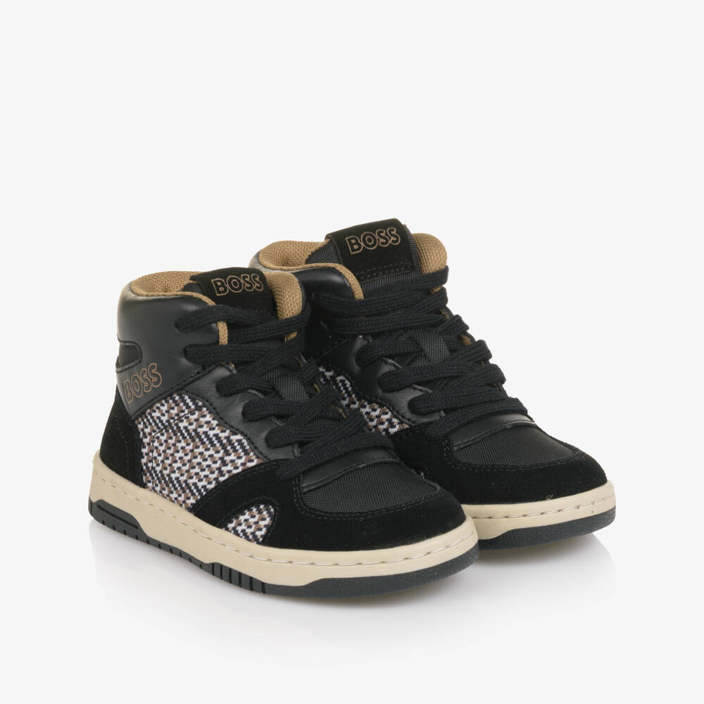 BOSS-Boys Black Leather High-Top Trainers with Check Panel | Childrensalon Outlet