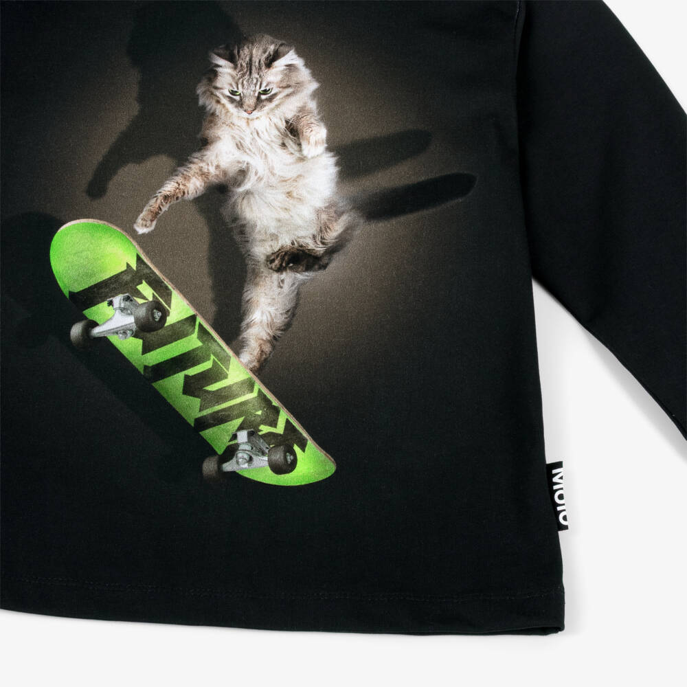 Molo-Boys Black Organic Cotton Top with Skateboarding Cat | Childrensalon Outlet