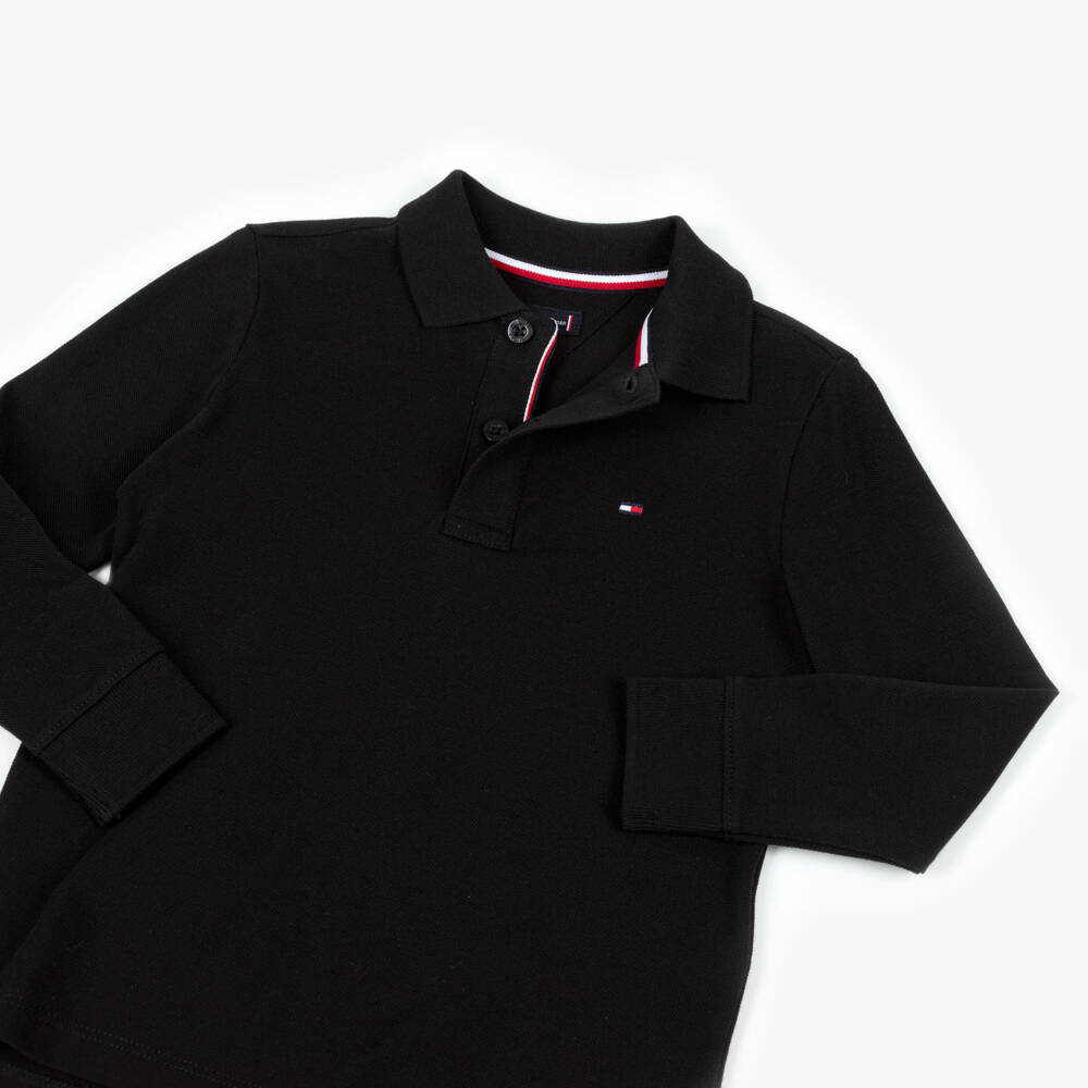 Tommy Hilfiger-Boys Black Piqué Long Sleeved Polo Shirt with Flag Logo | Childrensalon Outlet