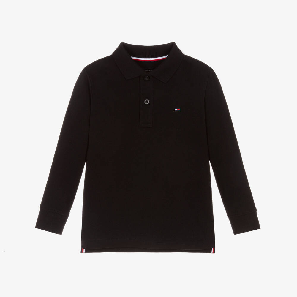 Tommy Hilfiger-Boys Black Piqué Long Sleeved Polo Shirt with Flag Logo | Childrensalon Outlet