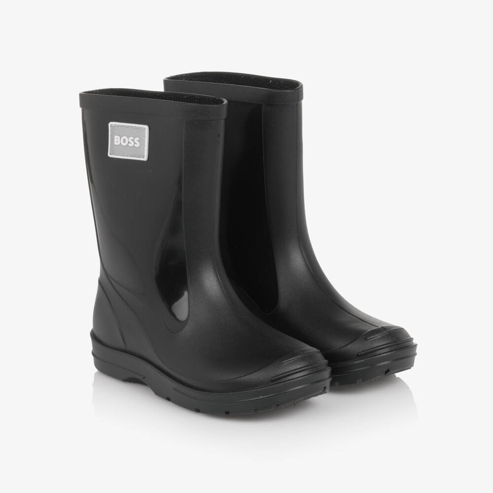 BOSS-Boys Black Rain Boots with Glossy Panels | Childrensalon Outlet
