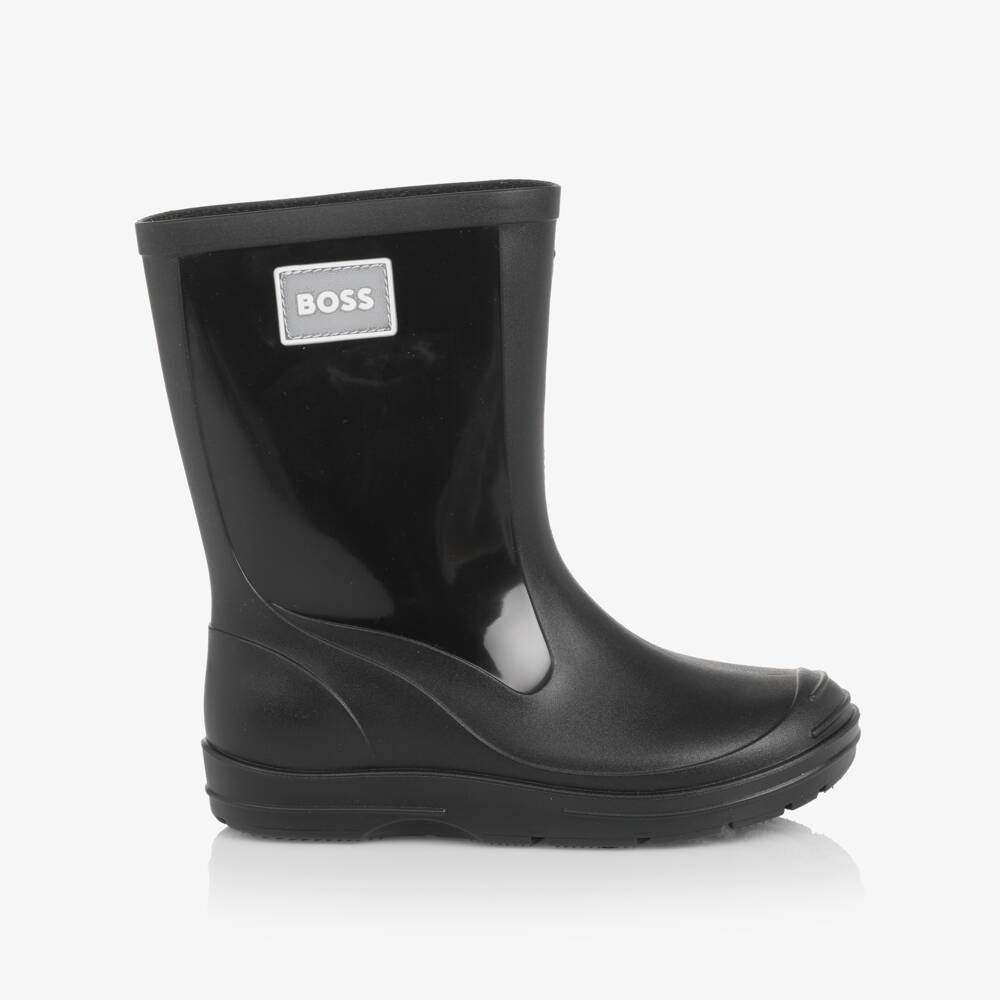 BOSS-Boys Black Rain Boots with Glossy Panels | Childrensalon Outlet