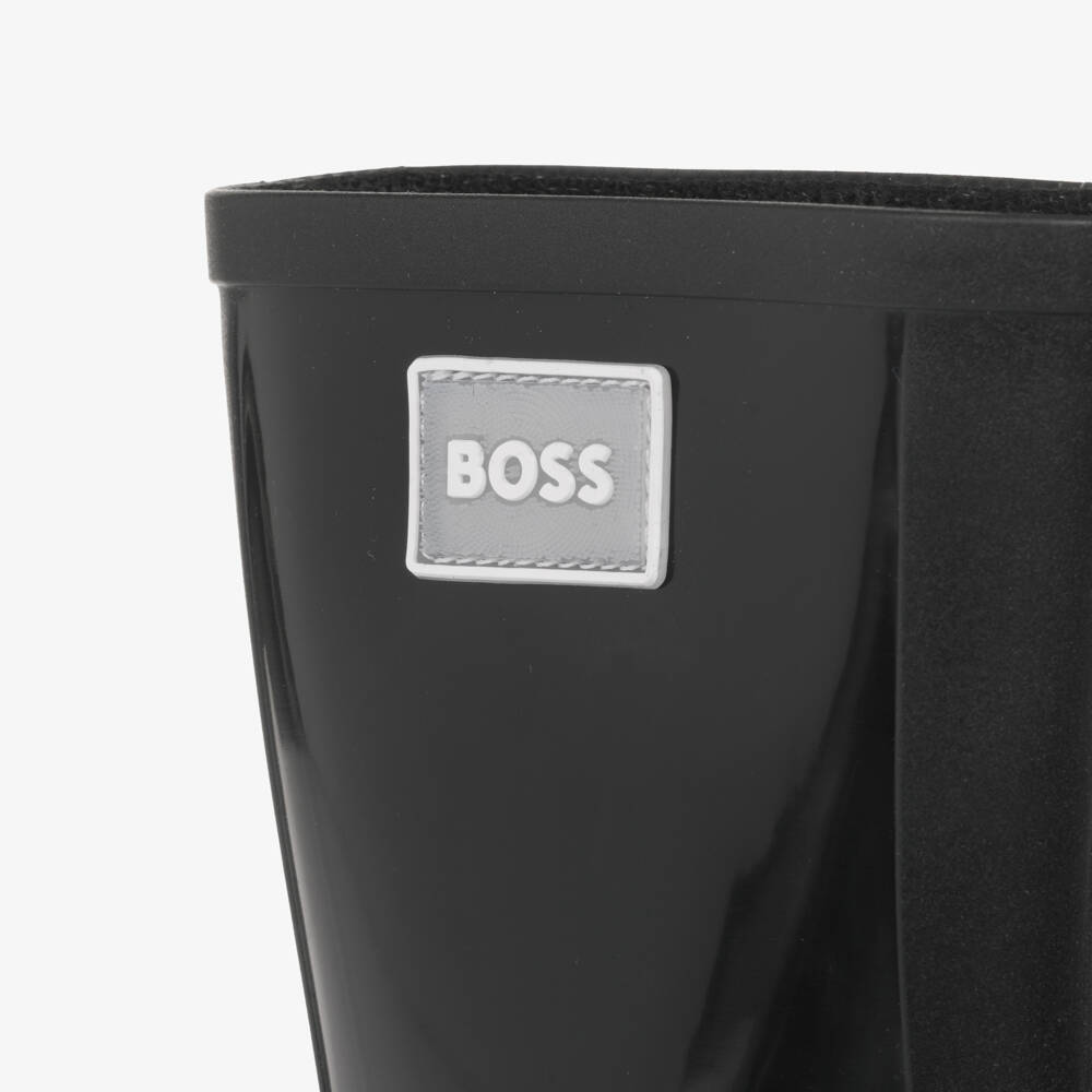 BOSS-Boys Black Rain Boots with Glossy Panels | Childrensalon Outlet