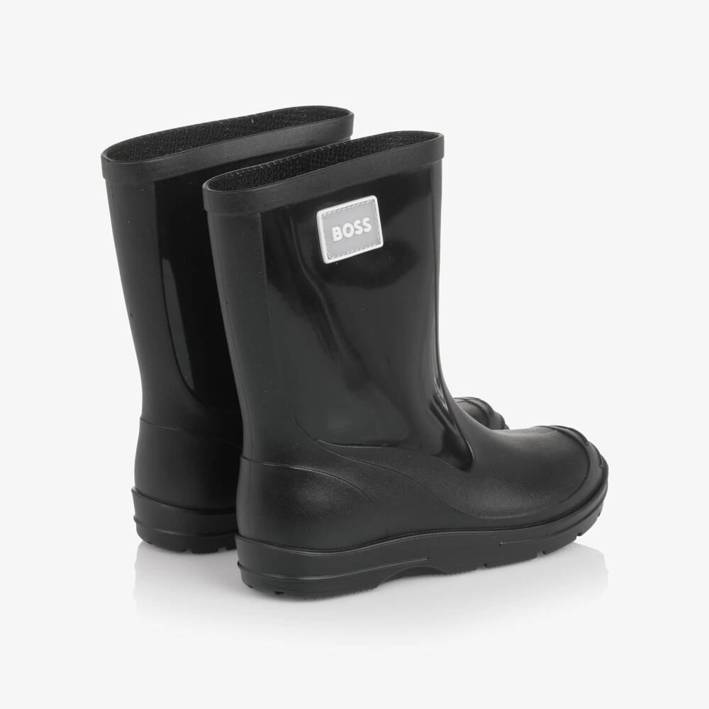 BOSS-Boys Black Rain Boots with Glossy Panels | Childrensalon Outlet