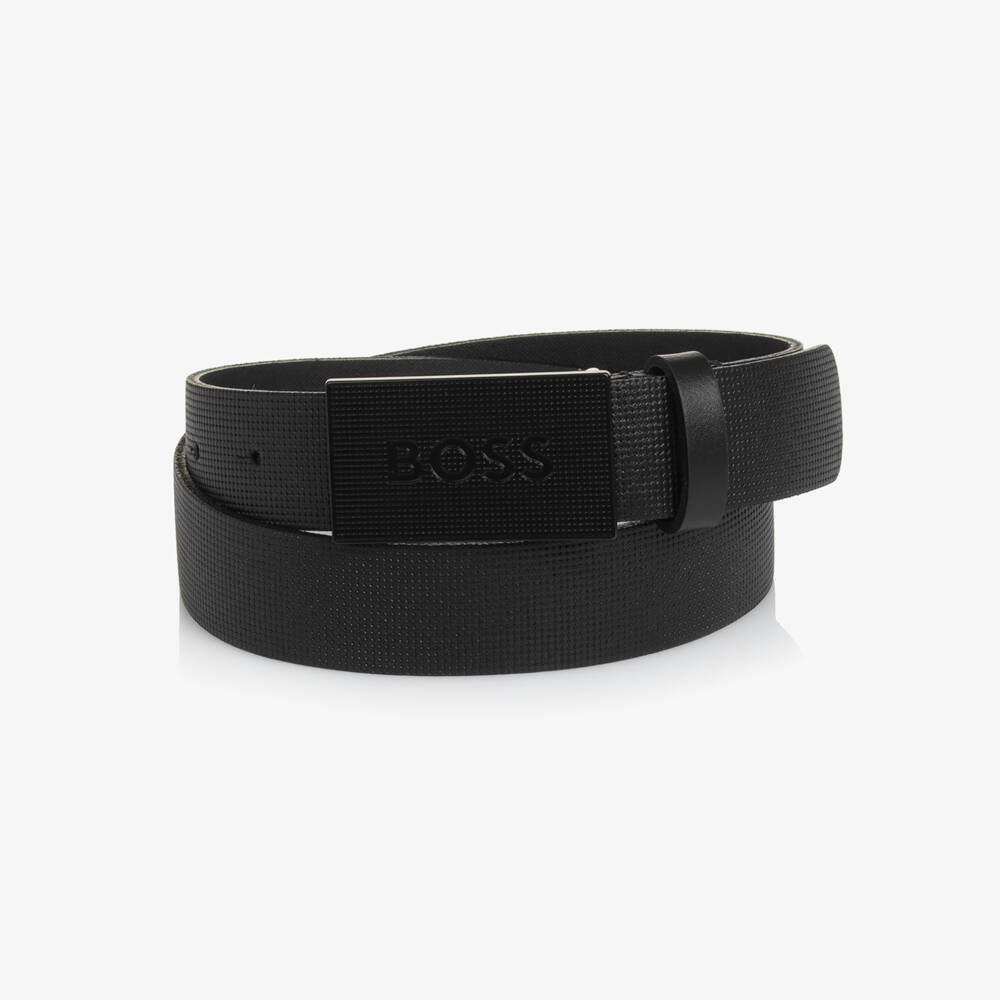 BOSS-Boys Black Textured Leather Belt with Logo Buckle | Childrensalon Outlet