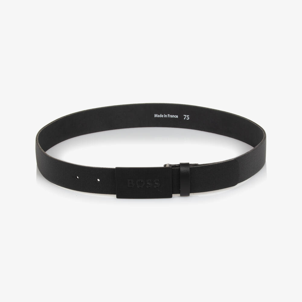 BOSS-Boys Black Textured Leather Belt with Logo Buckle | Childrensalon Outlet