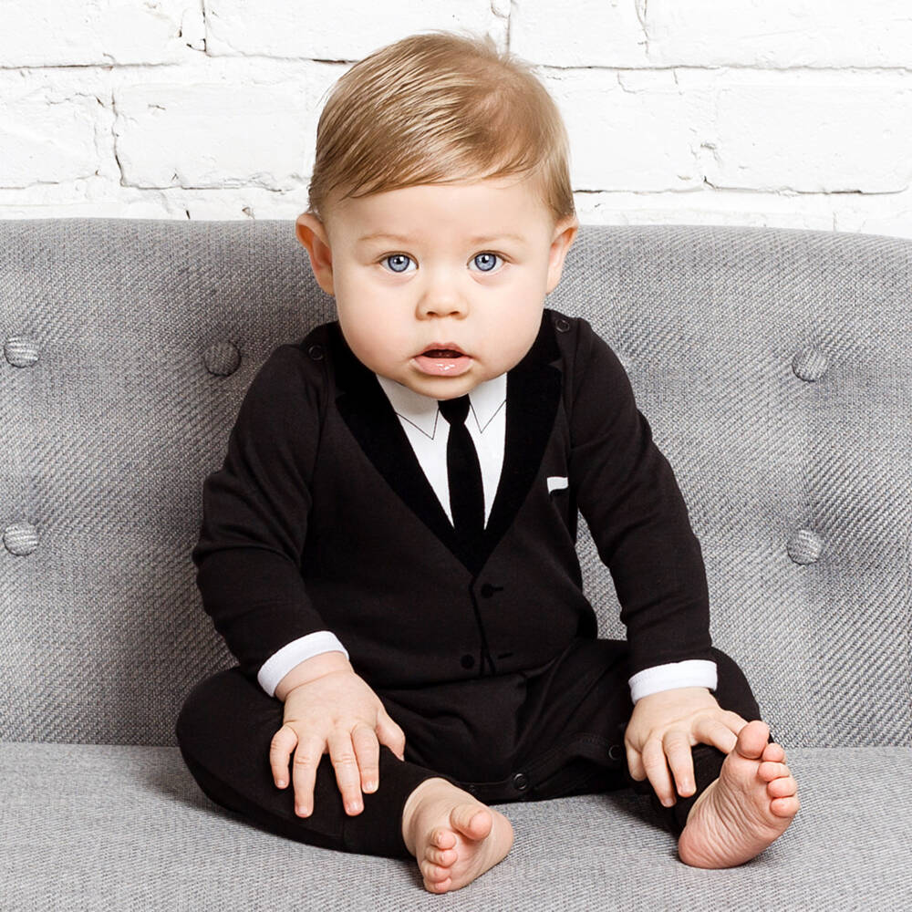 The Tiny Universe-Boys Black Tie Cotton Babysuit | Childrensalon Outlet