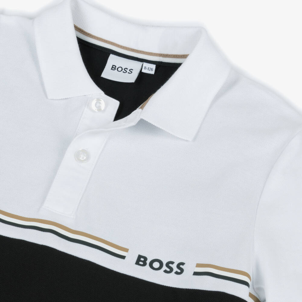 BOSS-Boys Black & White Cotton Piqué Polo Shirt | Childrensalon Outlet