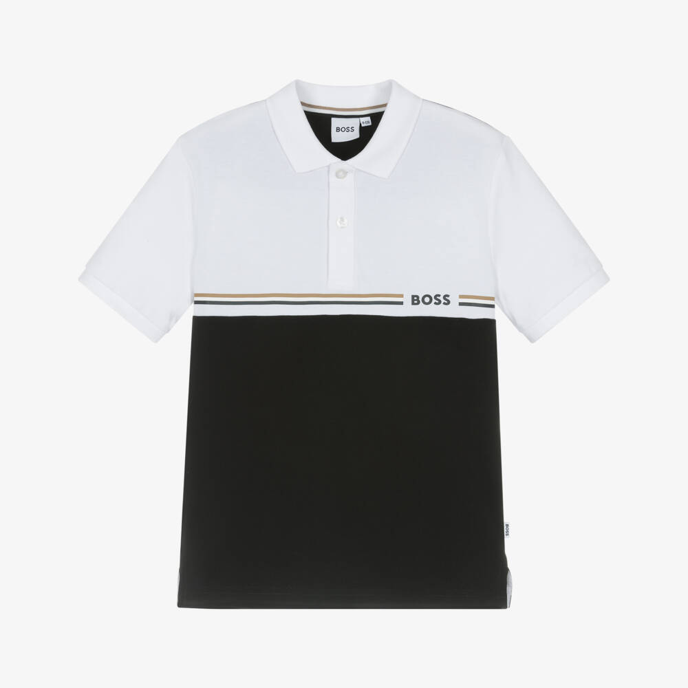 BOSS-Boys Black & White Cotton Piqué Polo Shirt | Childrensalon Outlet