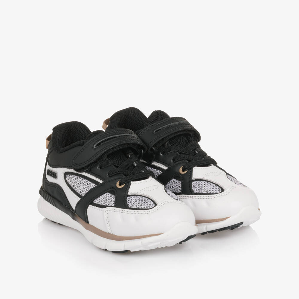 BOSS-Boys Black & White Leather & Mesh Trainers | Childrensalon Outlet
