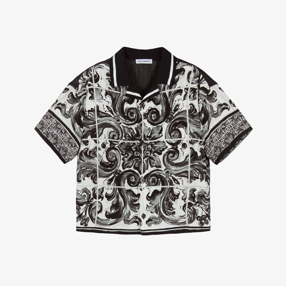 Dolce & Gabbana-Boys Black & White Majolica Print Chambray Shirt | Childrensalon Outlet