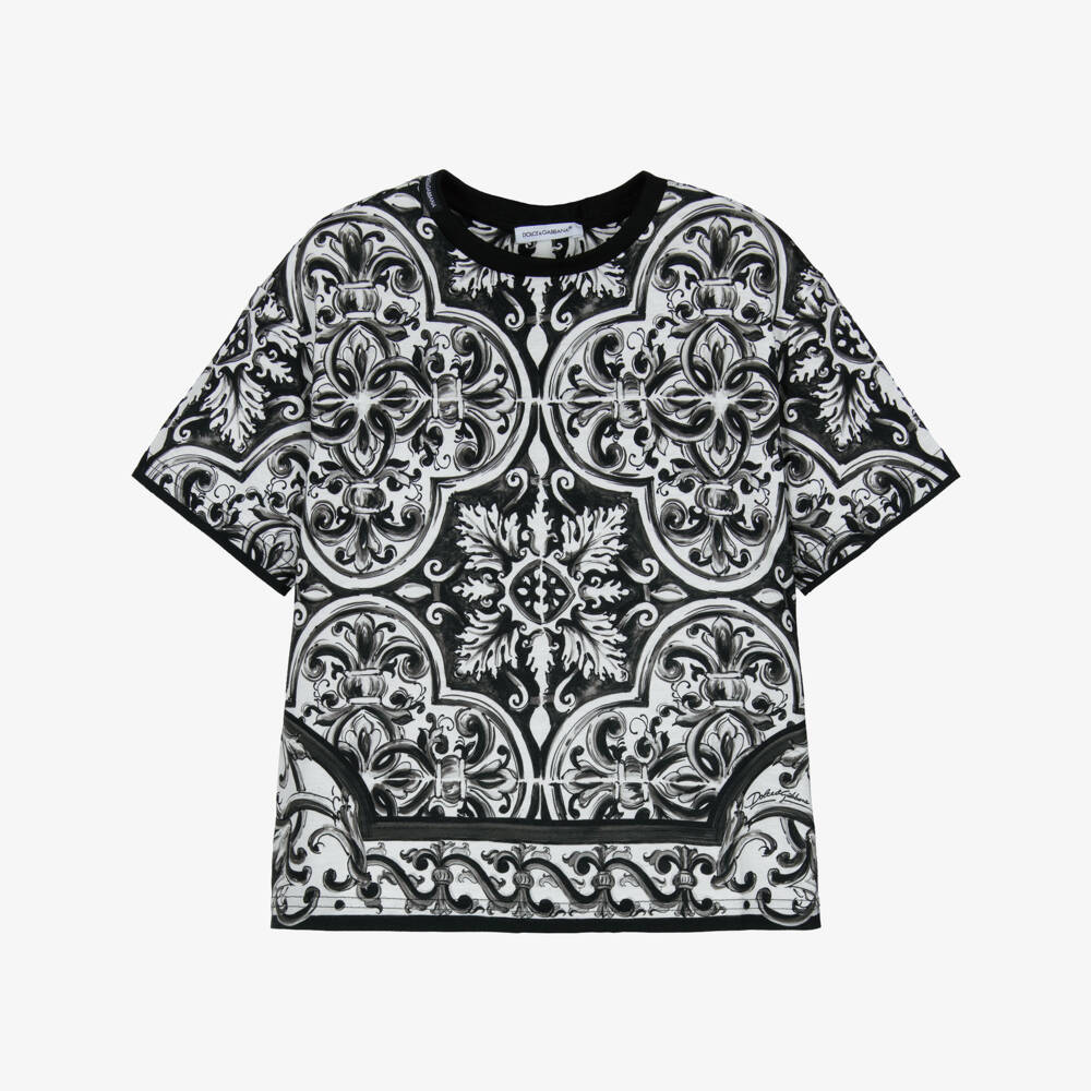 Dolce & Gabbana-Boys Black & White Majolica Print Cotton T-Shirt | Childrensalon Outlet