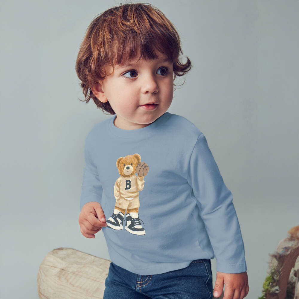 Mayoral-Boys Blue Basketball Bear Print Cotton Top | Childrensalon Outlet