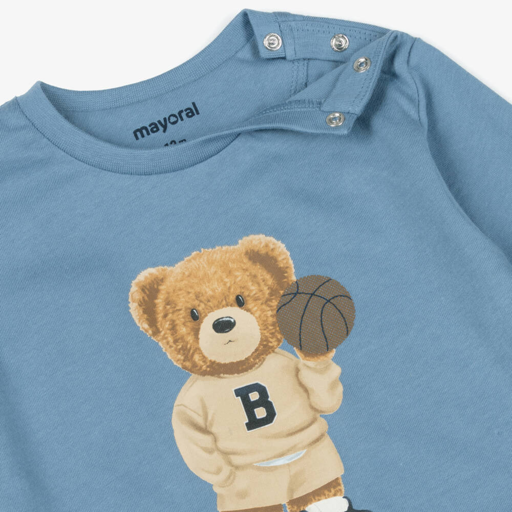 Mayoral-Boys Blue Basketball Bear Print Cotton Top | Childrensalon Outlet