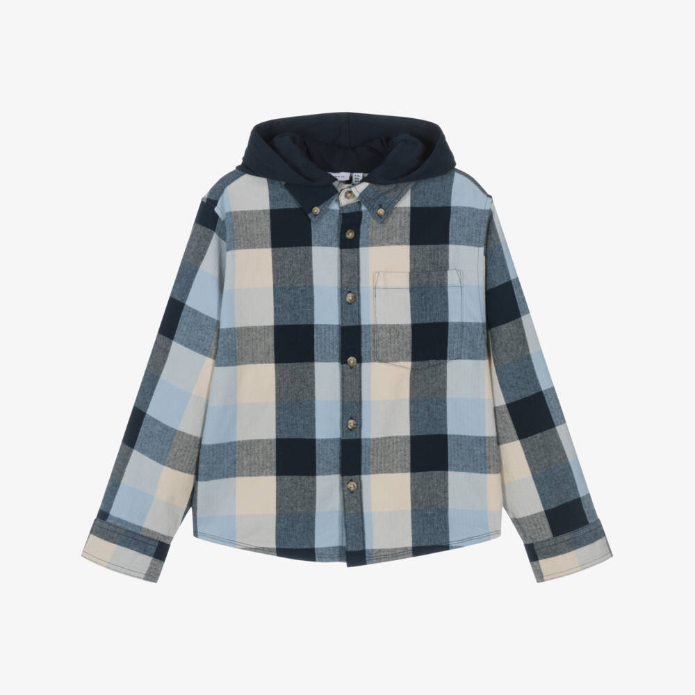 NAME IT-Boys Blue Check Organic Cotton Hooded Shirt | Childrensalon Outlet