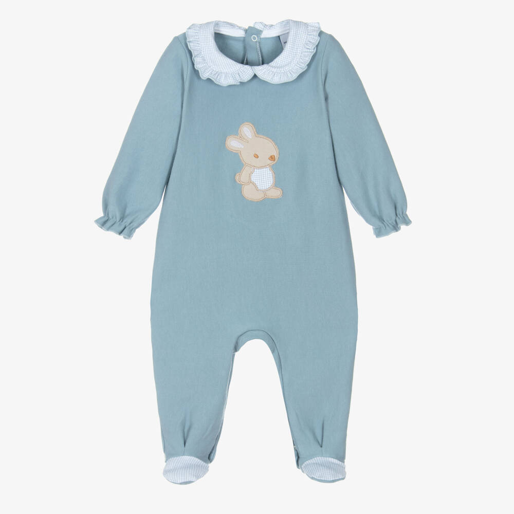 Babidu-Boys Blue Cotton Bunny Babygrow with Frilly Gingham Collar | Childrensalon Outlet
