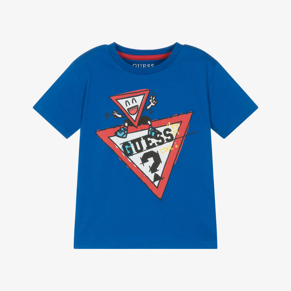 Guess-Boys Blue Cotton Cartoon Logo T-Shirt | Childrensalon Outlet