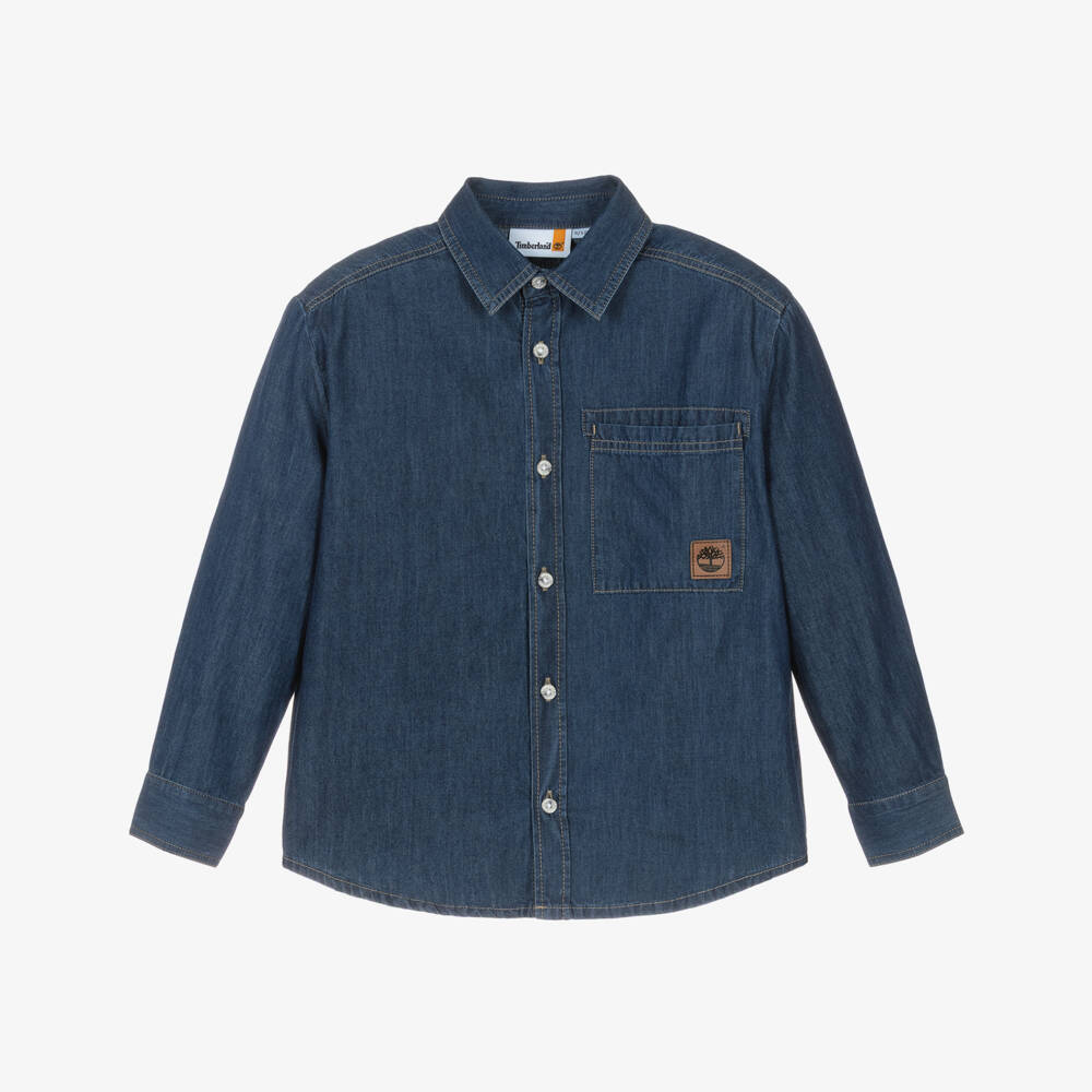 Timberland-Boys Blue Cotton Chambray Shirt with Pocket | Childrensalon Outlet