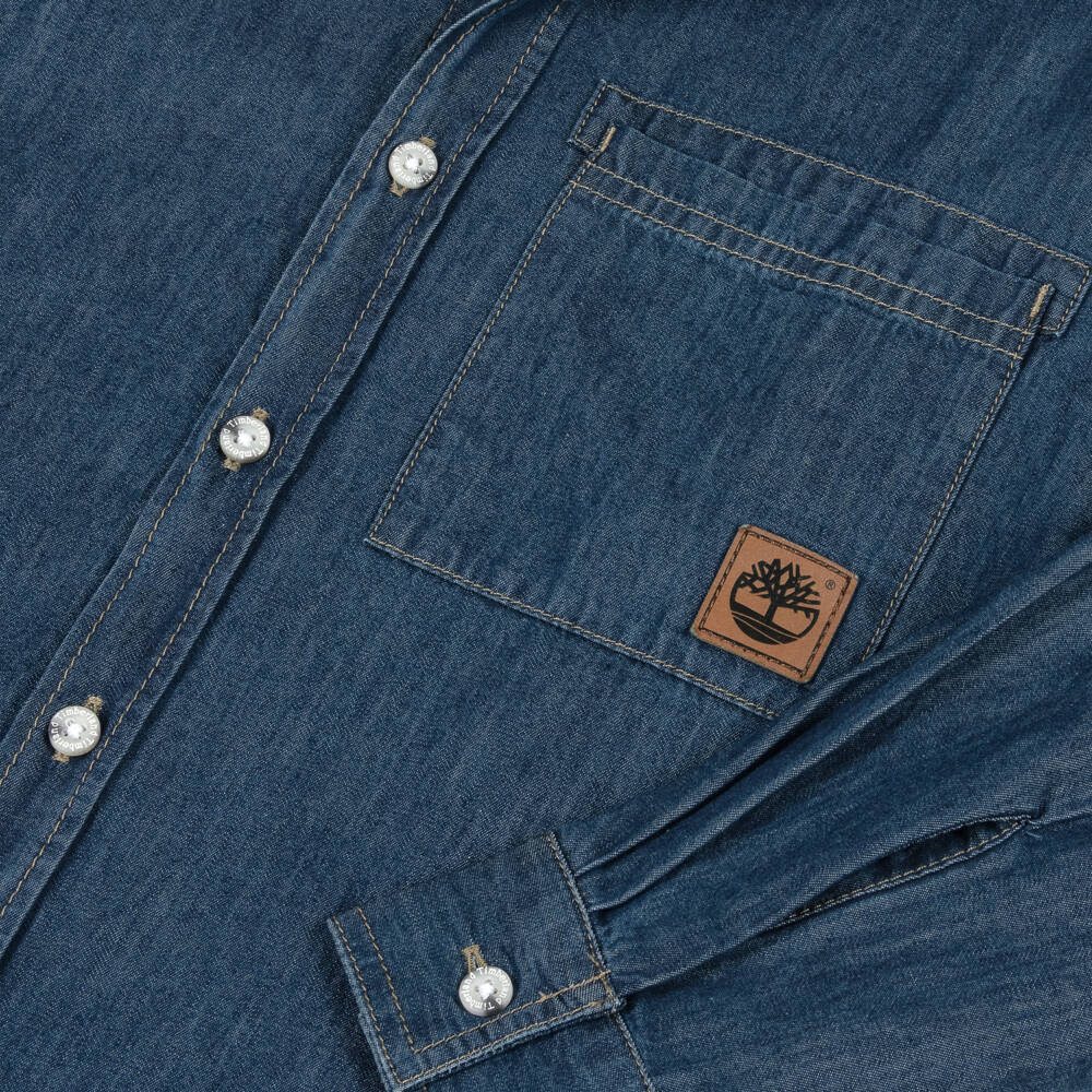 Timberland-Boys Blue Cotton Chambray Shirt with Pocket | Childrensalon Outlet