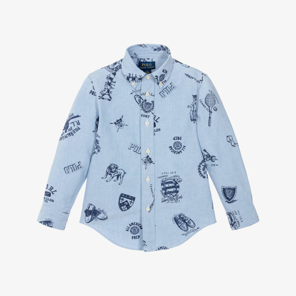 Ralph Lauren-Boys Blue Cotton Collegiate Print Shirt | Childrensalon Outlet