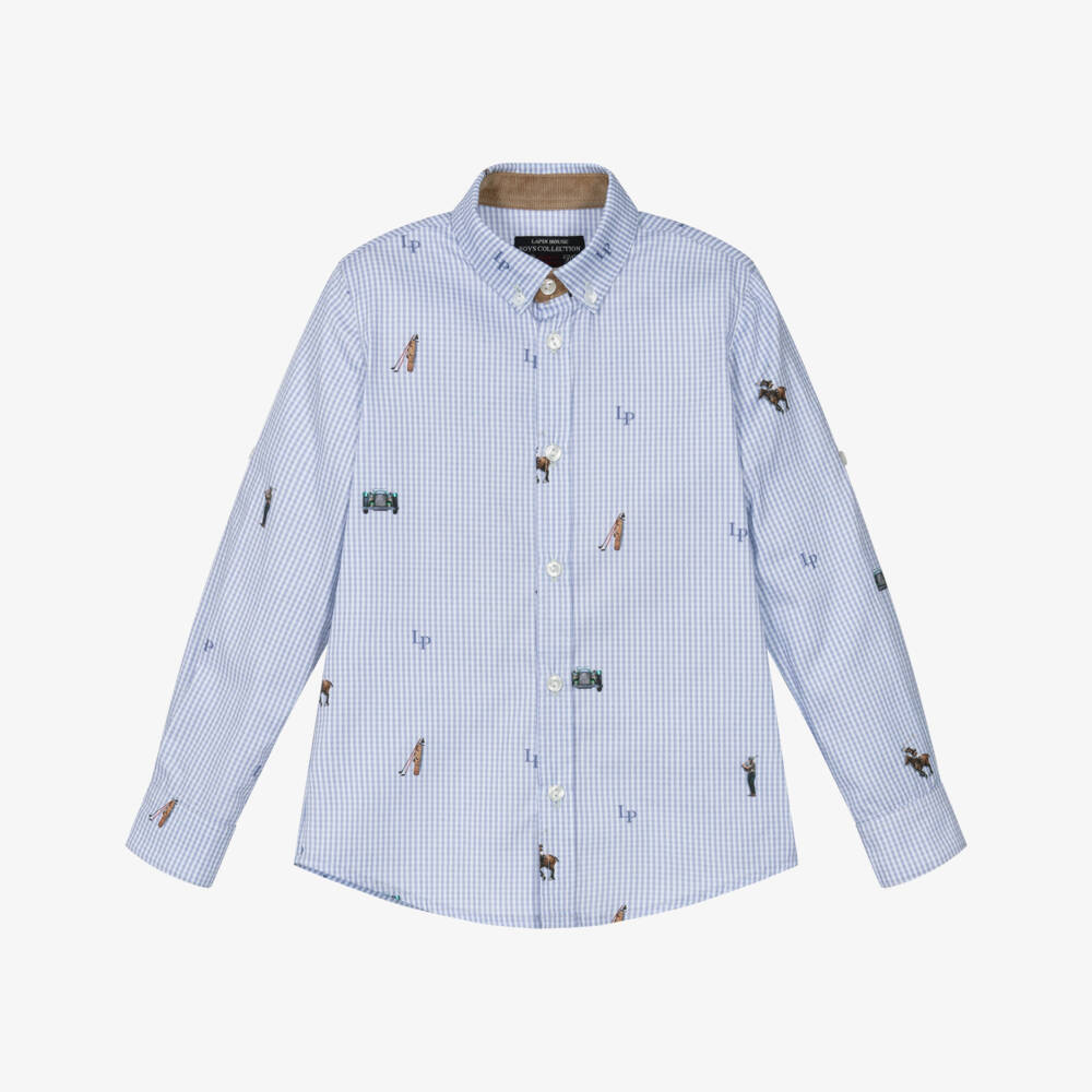 Lapin House-Boys Blue Cotton Gingham Shirt with Polo Theme | Childrensalon Outlet