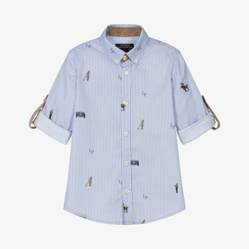 Lapin House-Boys Blue Cotton Gingham Shirt with Polo Theme | Childrensalon Outlet