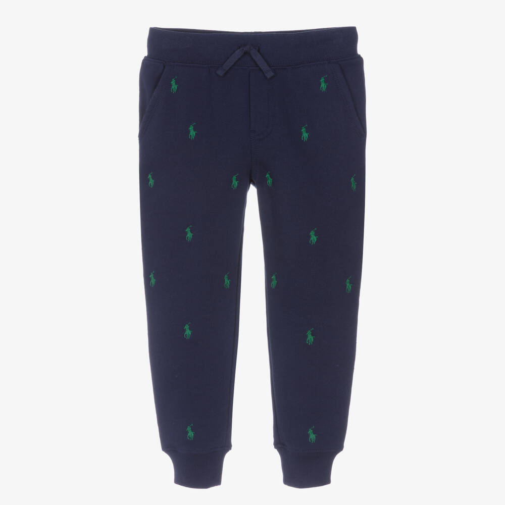 Ralph Lauren-Boys Blue Cotton Joggers with Embroidered Green Pony Logos | Childrensalon Outlet