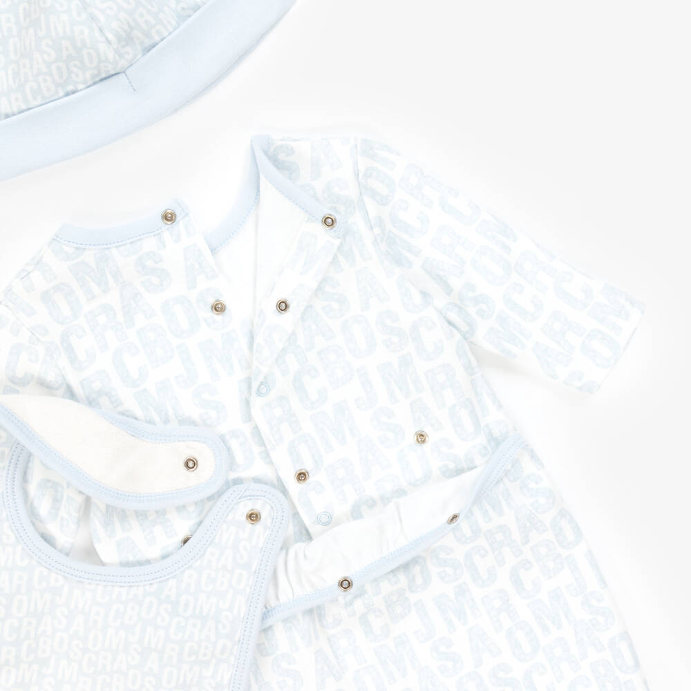 MARC JACOBS-Boys Blue Cotton Jumbled Logo Babysuit Set | Childrensalon Outlet