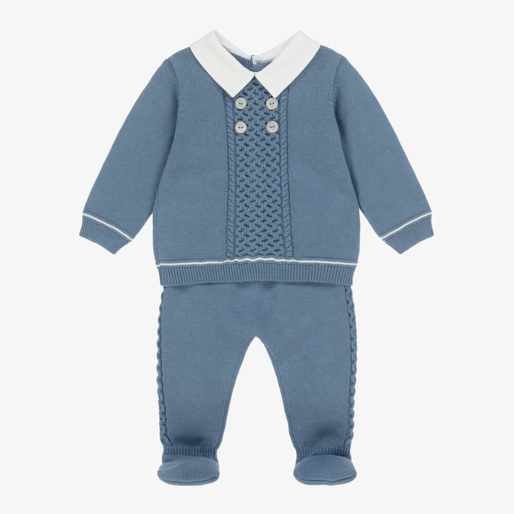 Dr. Kid-Boys Blue Cotton Knit 2 Piece Babygrow with White Twill Collar | Childrensalon Outlet