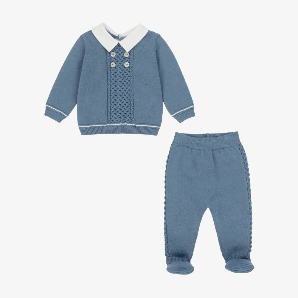 Dr. Kid-Boys Blue Cotton Knit 2 Piece Babygrow with White Twill Collar | Childrensalon Outlet