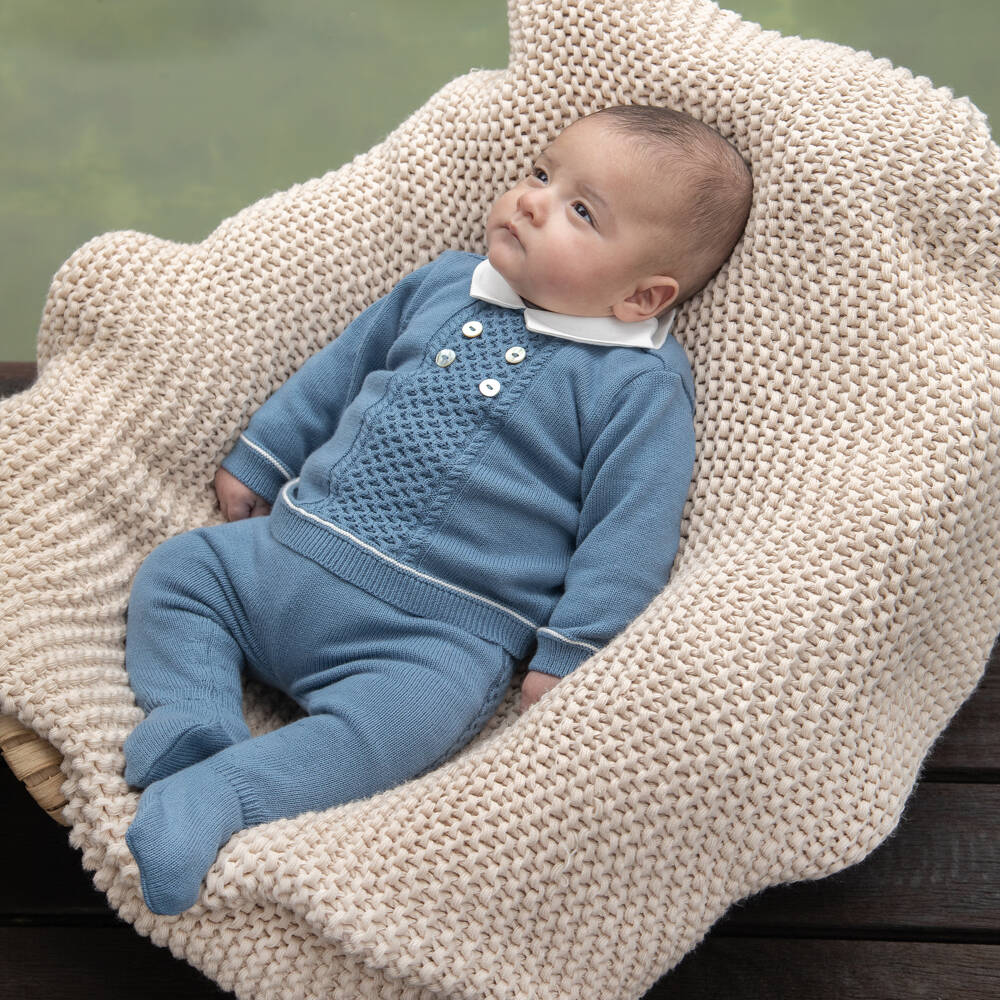 Dr. Kid-Boys Blue Cotton Knit 2 Piece Babygrow with White Twill Collar | Childrensalon Outlet