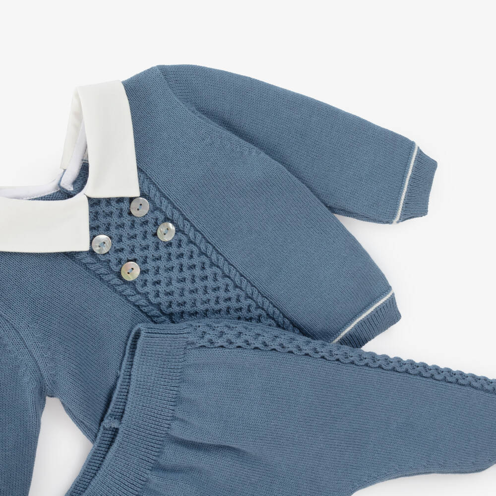 Dr. Kid-Boys Blue Cotton Knit 2 Piece Babygrow with White Twill Collar | Childrensalon Outlet