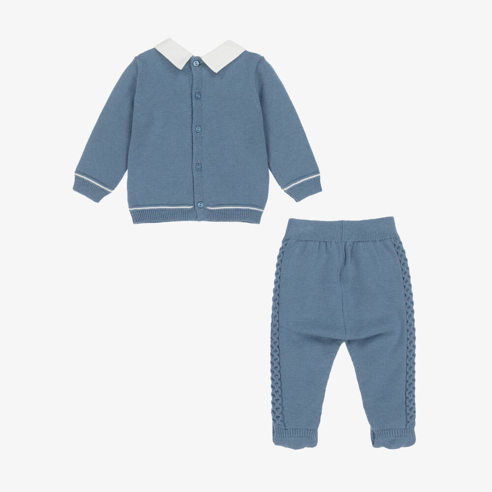 Dr. Kid-Boys Blue Cotton Knit 2 Piece Babygrow with White Twill Collar | Childrensalon Outlet