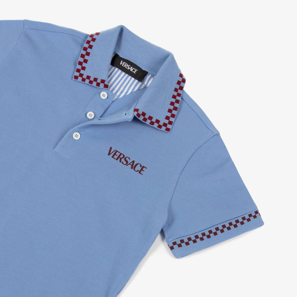 Versace-قميص بولو أزرق للأولاد بتفاصيل مربعات | Childrensalon Outlet
