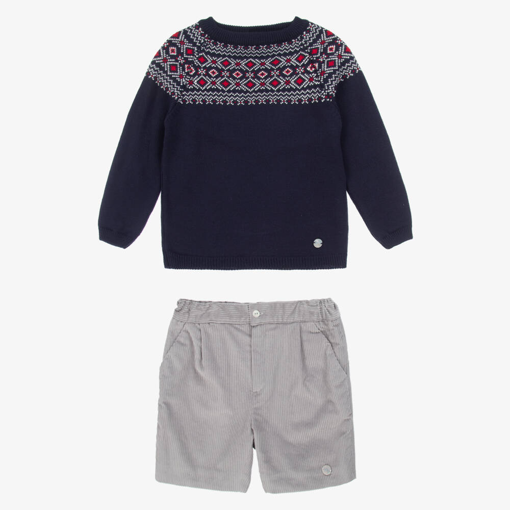 Artesanía Granlei-Boys Blue Fair Isle & Grey Corduroy Shorts Set | Childrensalon Outlet