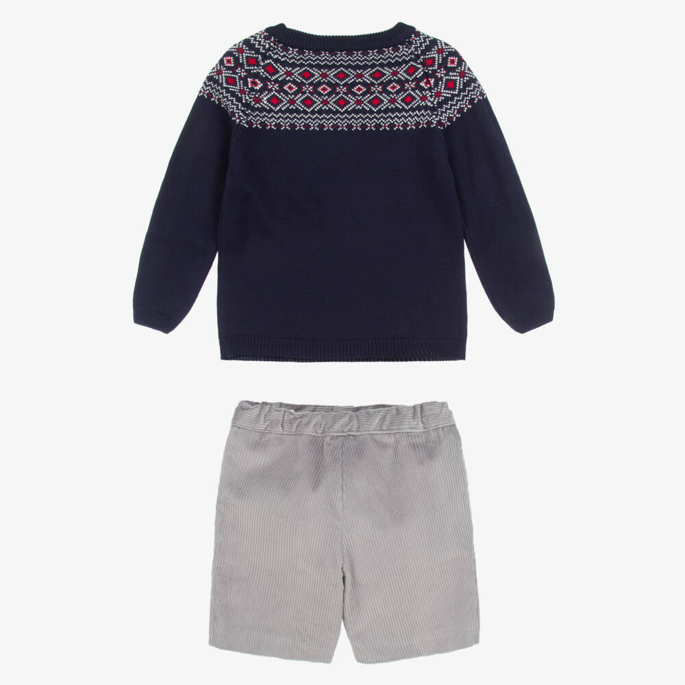 Artesanía Granlei-Boys Blue Fair Isle & Grey Corduroy Shorts Set | Childrensalon Outlet