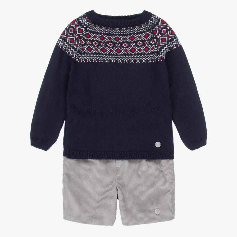 Artesanía Granlei-Boys Blue Fair Isle & Grey Corduroy Shorts Set | Childrensalon Outlet