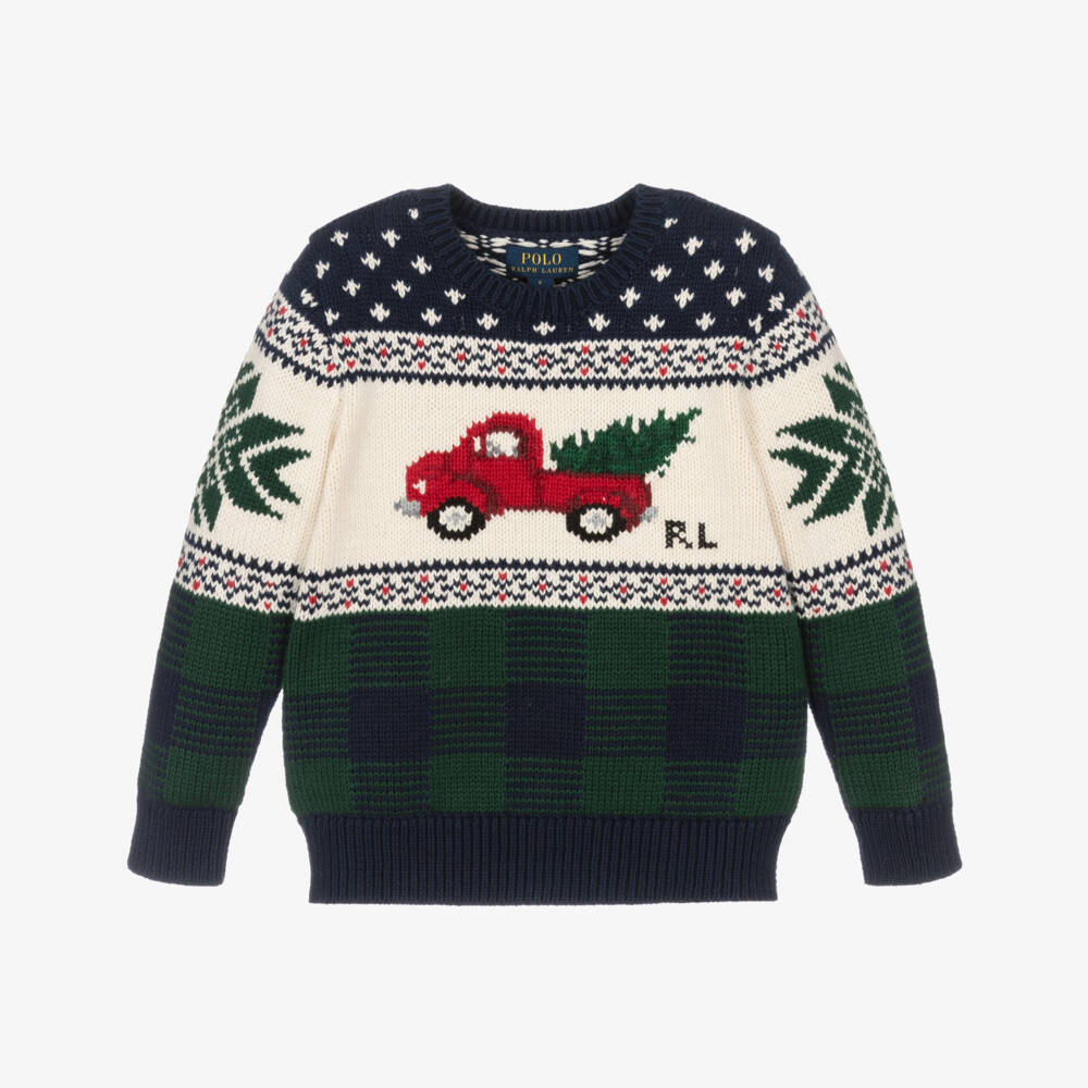 Ralph Lauren-Boys Blue & Green Festive Fair Isle Cotton Knit Sweater | Childrensalon Outlet