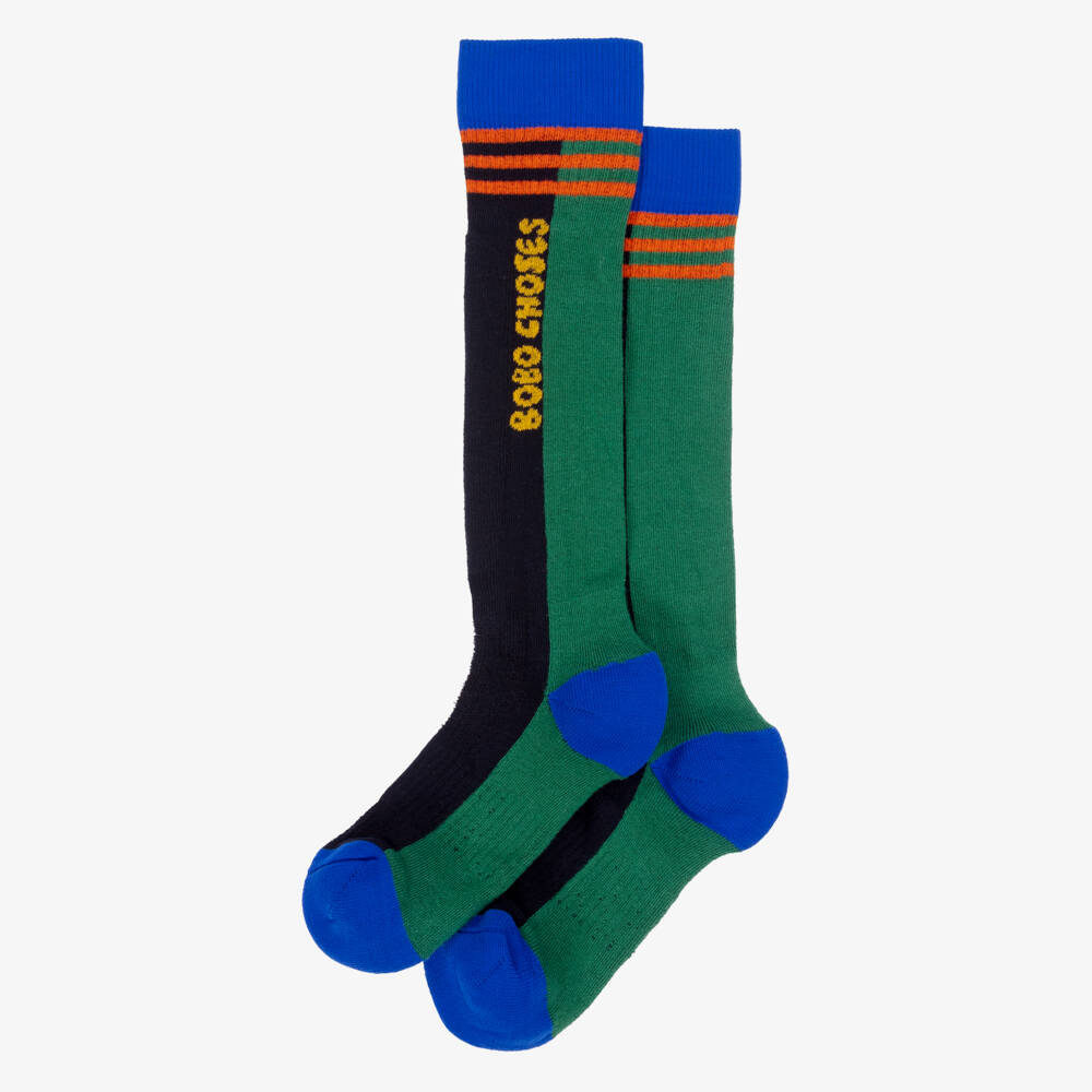 Bobo Choses-Boys Blue & Green Organic Cotton Knee High Ski Socks | Childrensalon Outlet