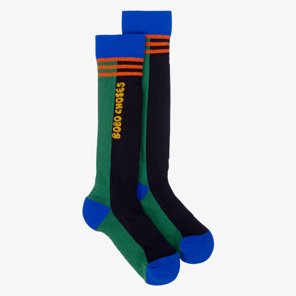 Bobo Choses-Boys Blue & Green Organic Cotton Knee High Ski Socks | Childrensalon Outlet