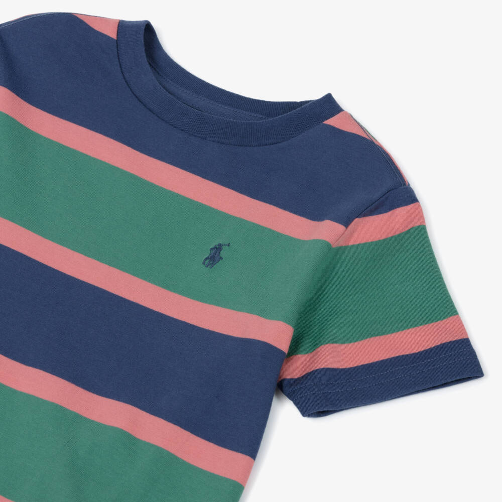 Ralph Lauren-Boys Blue, Green & Pink Cotton Stripe T-Shirt | Childrensalon Outlet